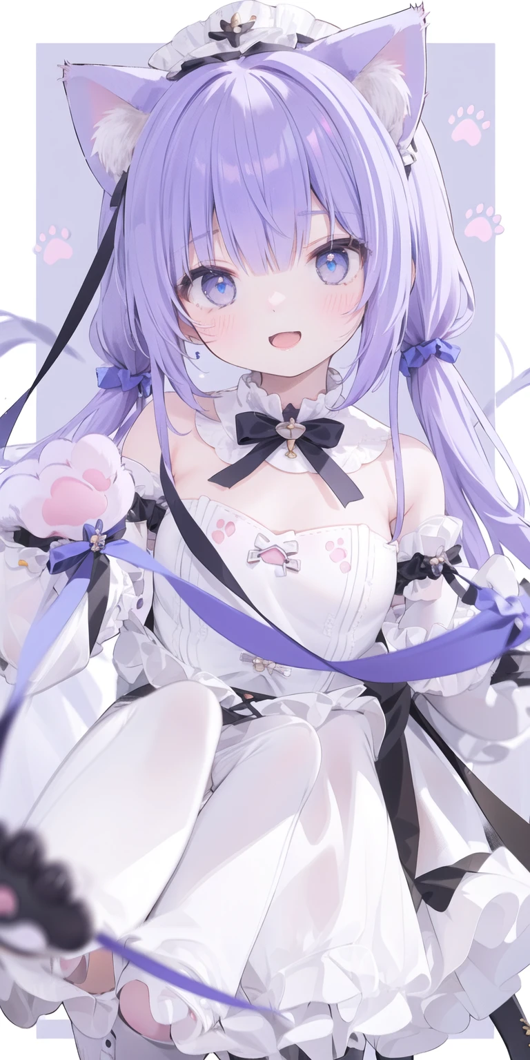 Cute Loli,Long hair,Purple Hair,Close one eye,Smile,open mouth,Piece logo,Big blue eyes,White Lolita,Pleated Skirt,Cat ears,Cat's Tail,Bow,Hair accessories,(Cat's paw gloves:2.0),(White boots:2.0),Leg ring,(whole body:1.7),stage,Sing,Dance,(Paw pose:1.3)