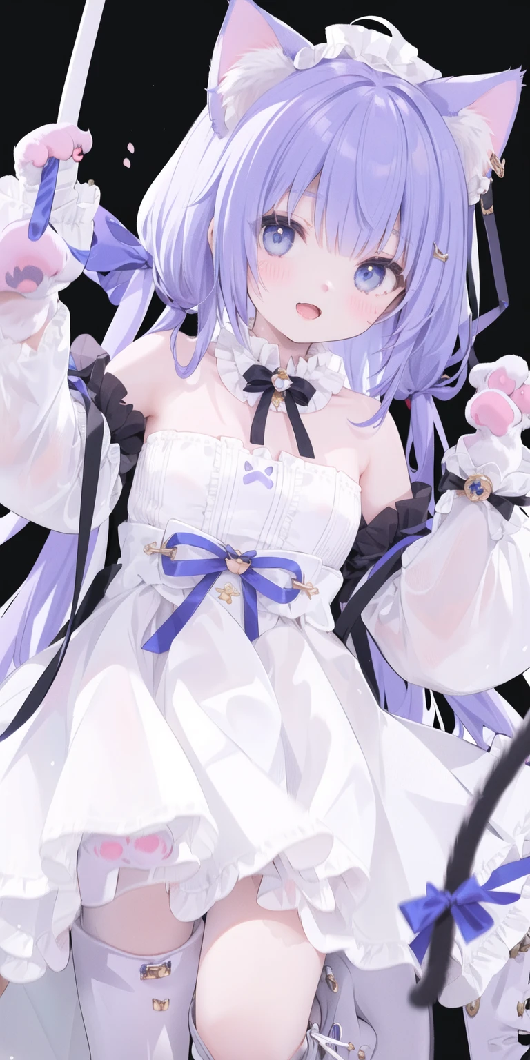 Cute Loli，Long hair，Purple Hair，Close one eye，Smile，open mouth，Piece logo，Big blue eyes，White Lolita，Pleated Skirt，Cat ears，Cat&#39;s Tail，Bow，Hair accessories，(Cat's paw gloves:2.0)，(White boots:2.0)，Leg ring，(whole body:1.7)，stage，Sing，Dance，(Paw pose:1.3)
