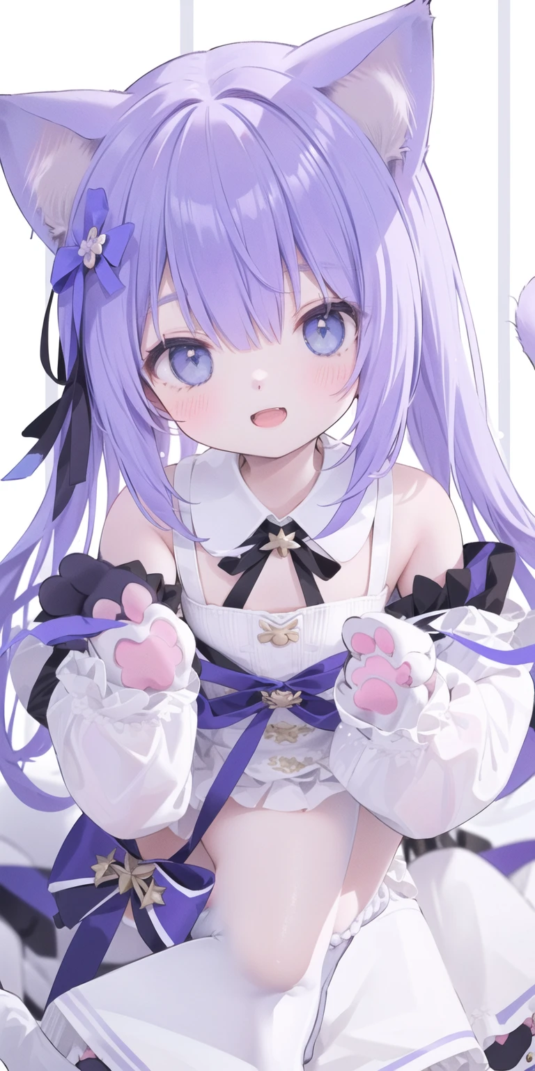 Cute Loli，Long hair，Purple Hair，Close one eye，Smile，open mouth，Piece logo，Big blue eyes，White Lolita，Pleated Skirt，Cat ears，Cat&#39;s Tail，Bow，Hair accessories，(Cat's paw gloves:2.0)，(White boots:2.0)，Leg ring，(whole body:1.7)，stage，Sing，Dance，(Paw pose:1.3)
