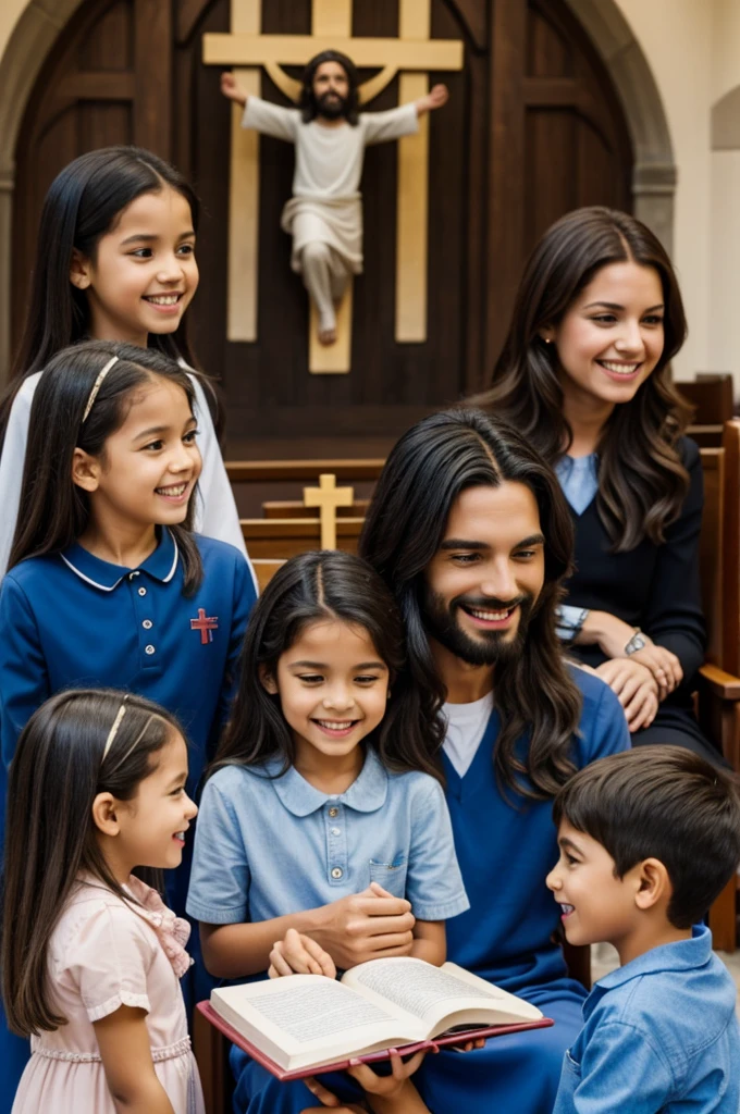 Jesucristo dentro de una iglesia con colores muy llamaticos, His face is happy and the children surround him., muy feliz de verlo.