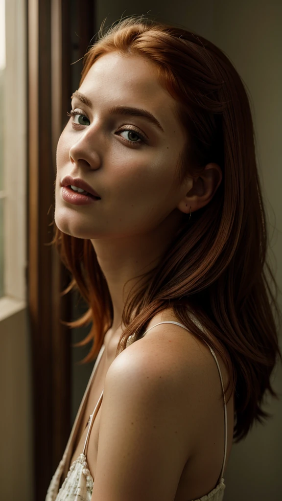 Camera view: a beautiful photo of a 21-year-old influencer model, as a redhead with her mouth wide open, looking at the camera, From the point of view of the man receiving the , intricate, Exquisite details and textures, highly detailed, ultra detailed photography, warm lighting, 4k, sharp focus, high resolution, detailed skin, detailed green eyes, 8k UHD,  DSLR, High Quality, Filmic Grain, Fujifilm XT3