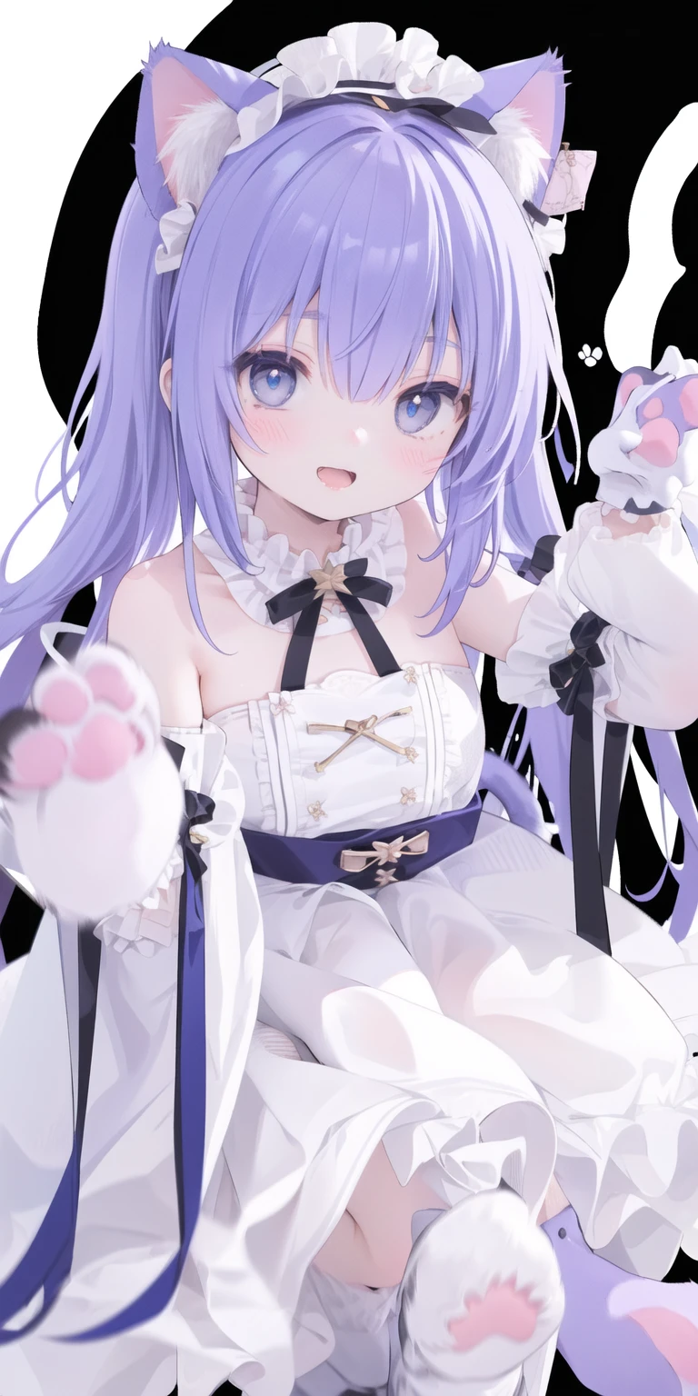 Cute Loli，Long hair，Purple Hair，Close one eye，Smile，open mouth，Piece logo，Big blue eyes，White Lolita，Pleated Skirt，Cat ears，Cat&#39;s Tail，Bow，Hair accessories，(Cat's paw gloves:2.0)，(White boots:2.0)，Leg ring，(whole body:1.7)，stage，Sing，Dance，(Paw pose:1.3)
