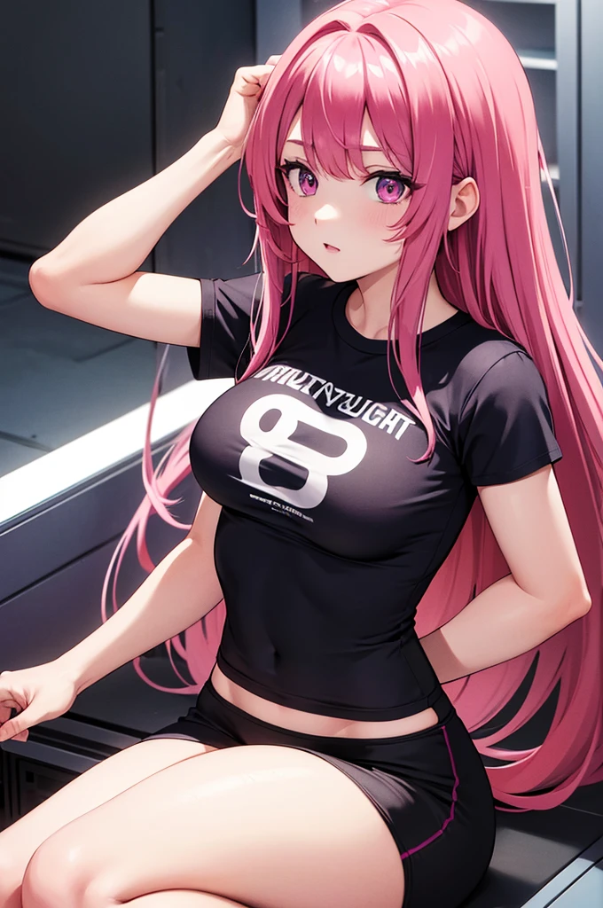 (8k photo, best qualityer) 1womanl, defined body, muslos grandes, t-shirt longa, pantyrose, hair ultra long, magenta hair, clear eyes.