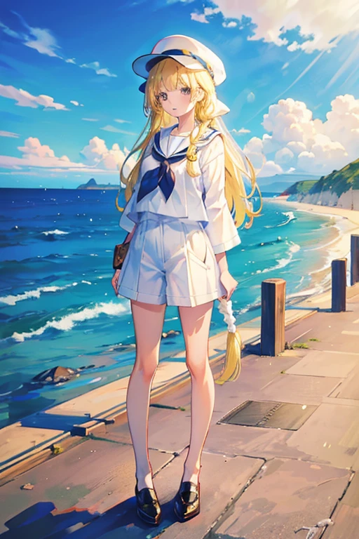 Kitagawa Marin Beautiful cute Long legs Model-like figure, outstanding style beautiful Coastal Walk long hair Sailor suit blonde hair color Braid