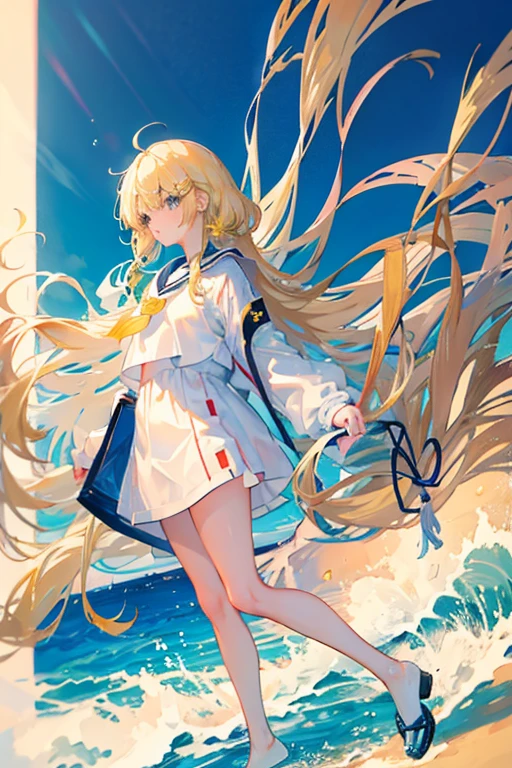 Kitagawa Marin Beautiful cute Long legs Model-like figure, outstanding style beautiful Coastal Walk long hair Sailor suit blonde hair color Braid