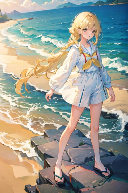 Kitagawa Marin　Beautiful　cute　Long legs　Model-like figure, outstanding style　beautiful　Coastal Walk　long hair　Sailor suit　blonde hair color　Braid