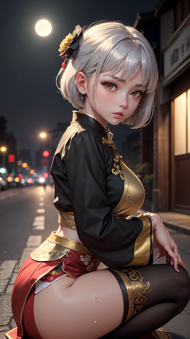 Young girl , short silver bob hair, hair flower, sharp bangs between the eyes, yellow eyes, eyes large, provocative look, obscene expression, notable physical features, traditional chinese imperial clothes black with gold details, red skirt, black thigh high socks. half-sided angle, crouched in the street, lumbar angle, 90 degree body angle. japanese city, outdoor city, city at night, with full moon in the background, light reflecting on the sexy and sweaty body. (((sweat))) (work of art:1.2,) (best qualityer.)