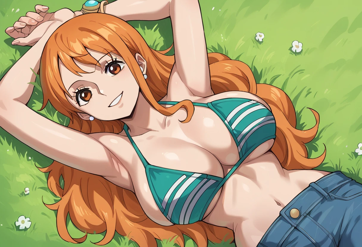 score_9, score_8_up, source_7_up, source_anime, clear face, Nami, orange hair, orange eyes, long hair, light blue bikini, jeans, lying, big breasts, from above, looking at viewer, smile, lying on grass, detail background, arms up