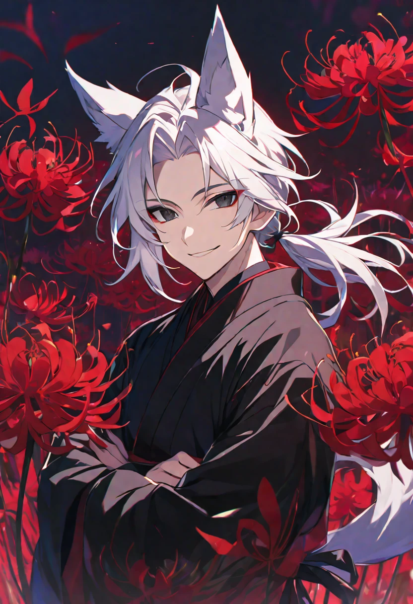 Solo, 1 male, white hair, low pony tail, black eyes, black kimono, fox ears, smile facial, red spider lily, higanbana