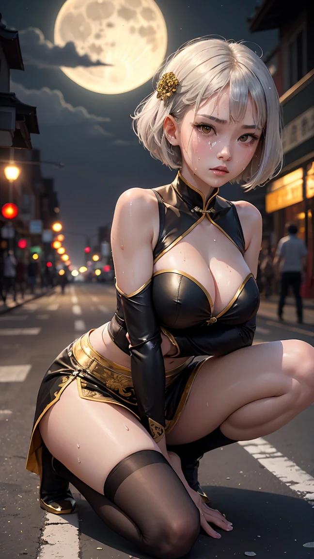 Young girl , short silver bob hair, hair flower, sharp bangs between the eyes, yellow  eyes, eyes large, provocative look, obscene expression, notable physical features, traditional chinese imperial clothes black with gold details, red skirt, black thigh high socks. half-sided angle, crouched in the street, lumbar angle, 90 degree body angle. japanese city, outdoor city, city at night, with full moon in the background, light reflecting on the sexy and sweaty body. (((sweat))) (work of art:1.2,) (best qualityer.)