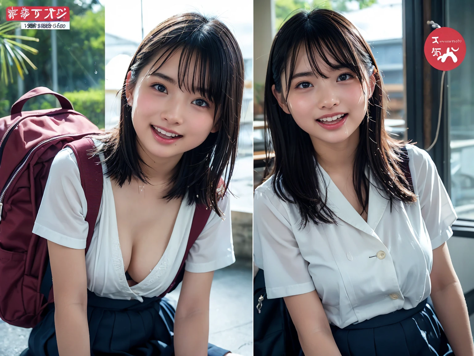 (2Split Photo:1.3)、Magazine Cover:1.3、Japanese,,Innocent face,Teenage Girle,Primary school students,Private elementary school,uniform,Carrying a small red backpack,Summer clothes,Sitting、front、Cute smile、Laugh with your mouth wide open、((Semen dripping from the mouth:1.2))、Mouth full of semen:1.5、A lot of semen on the tongue、((Cloudy, thick semen))、whole body、Full Body、Semen dripping from the genitals、You can see the nipples、Not wearing a bra