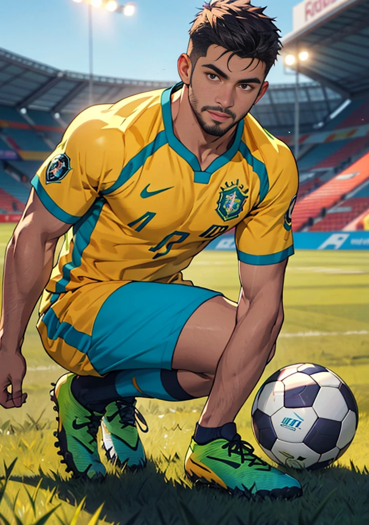 best quality, masterpiece, super high resolution, detailed background, realism, Illustrations, single, 1 boy, soccer field, muscles, volumetric lighting, depth of field, full body, facial hair, brazil soccer player, yellow clothes
