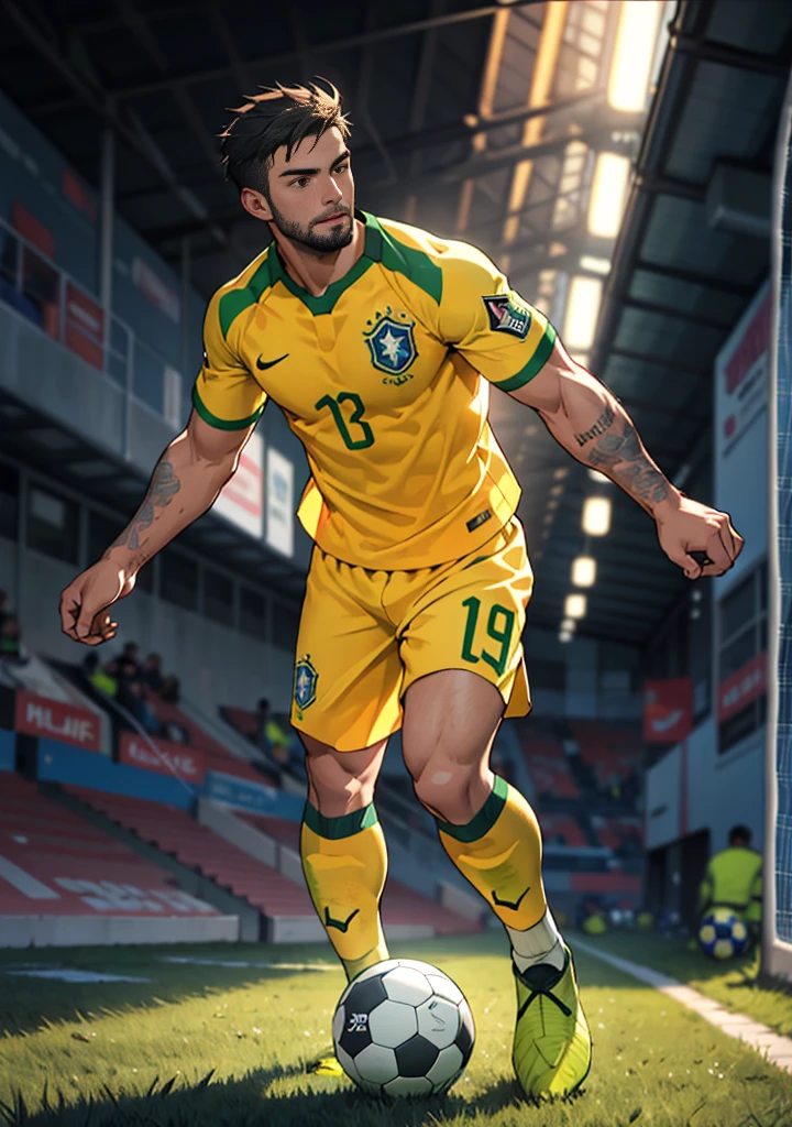 best quality, masterpiece, super high resolution, detailed background, realism, Illustrations, single, 1 boy, soccer field, muscles, volumetric lighting, depth of field, full body, facial hair, brazil soccer player, yellow clothes