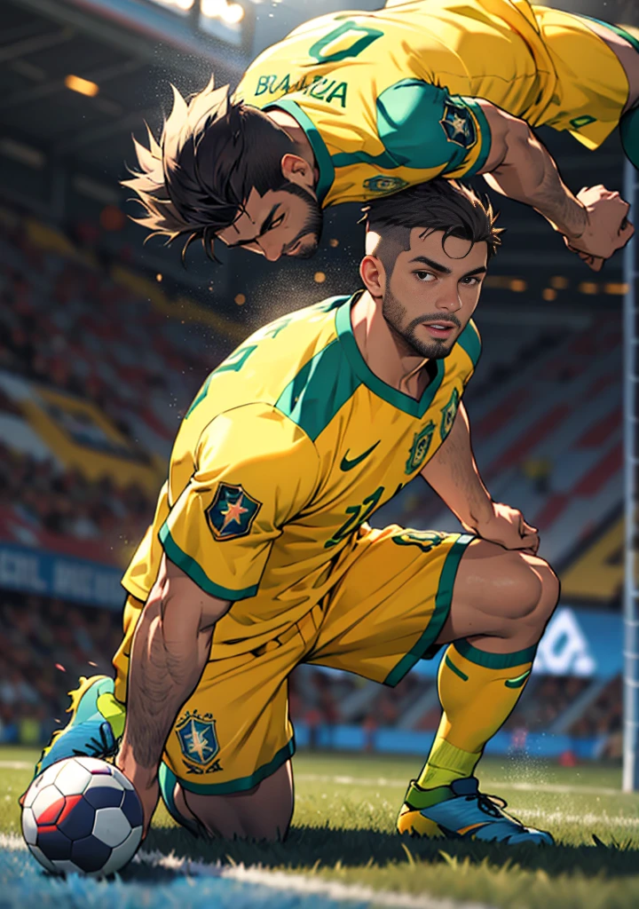 best quality, masterpiece, super high resolution, detailed background, realism, Illustrations, single, 1 boy, soccer field, muscles, volumetric lighting, depth of field, full body, facial hair, brazil soccer player, yellow clothes