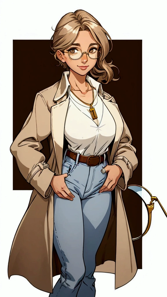 I created a character called Olivia, a 20-year-old aromatherapist specializing in essential oils, ((white)), wavy blond hair, throws to the side, at shoulder height, (((light brown eyes))), ((wears round brown glasses)), she is gentle and delicate, wear a light blue t-shirt, jeans with a brown belt and a ((white labcoat)) with long sleeves characteristic of professionals linked to the health sector. she has a golden wedding ring on her left ring finger and wears a necklace with a golden crucifix. make her look at the camera, com background branco. imagem com fundo transparente. frame it in an American plane. she has both hands on her hips and is standing with a slight and sweet smile.
