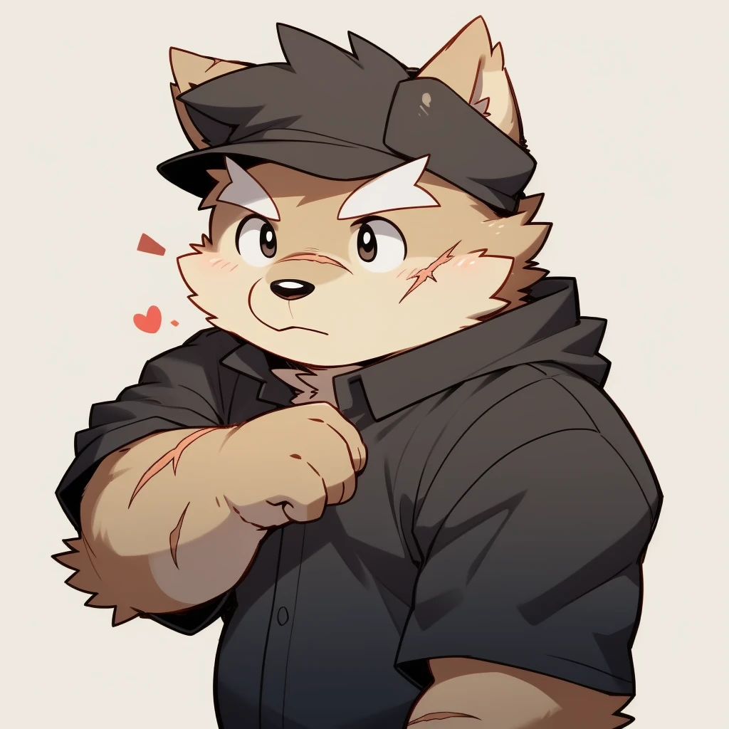Scribble 黑色柴dog face,Cute face,Humanity(dog),(Black casual wear:1.3),Chubby,(White eyebrows:1.1),(Perfect black eyes),（artist:Takemoto Arashi），Simple background，scar。