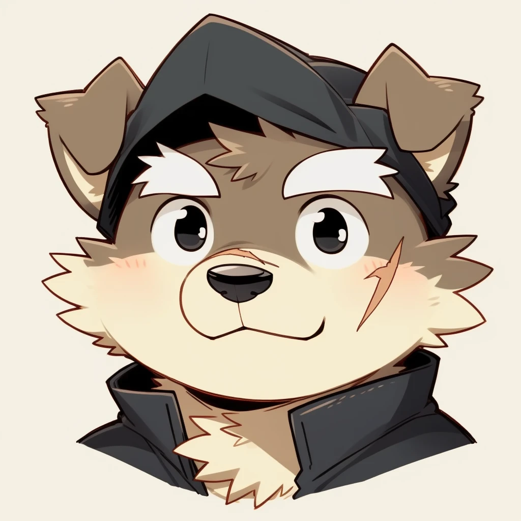 Scribble 黑色柴dog face,Cute face,Humanity(dog),(Black casual wear:1.3),Chubby,(White eyebrows:1.1),(Perfect black eyes),(artist:Takemoto Arashi),Simple background,scar。
