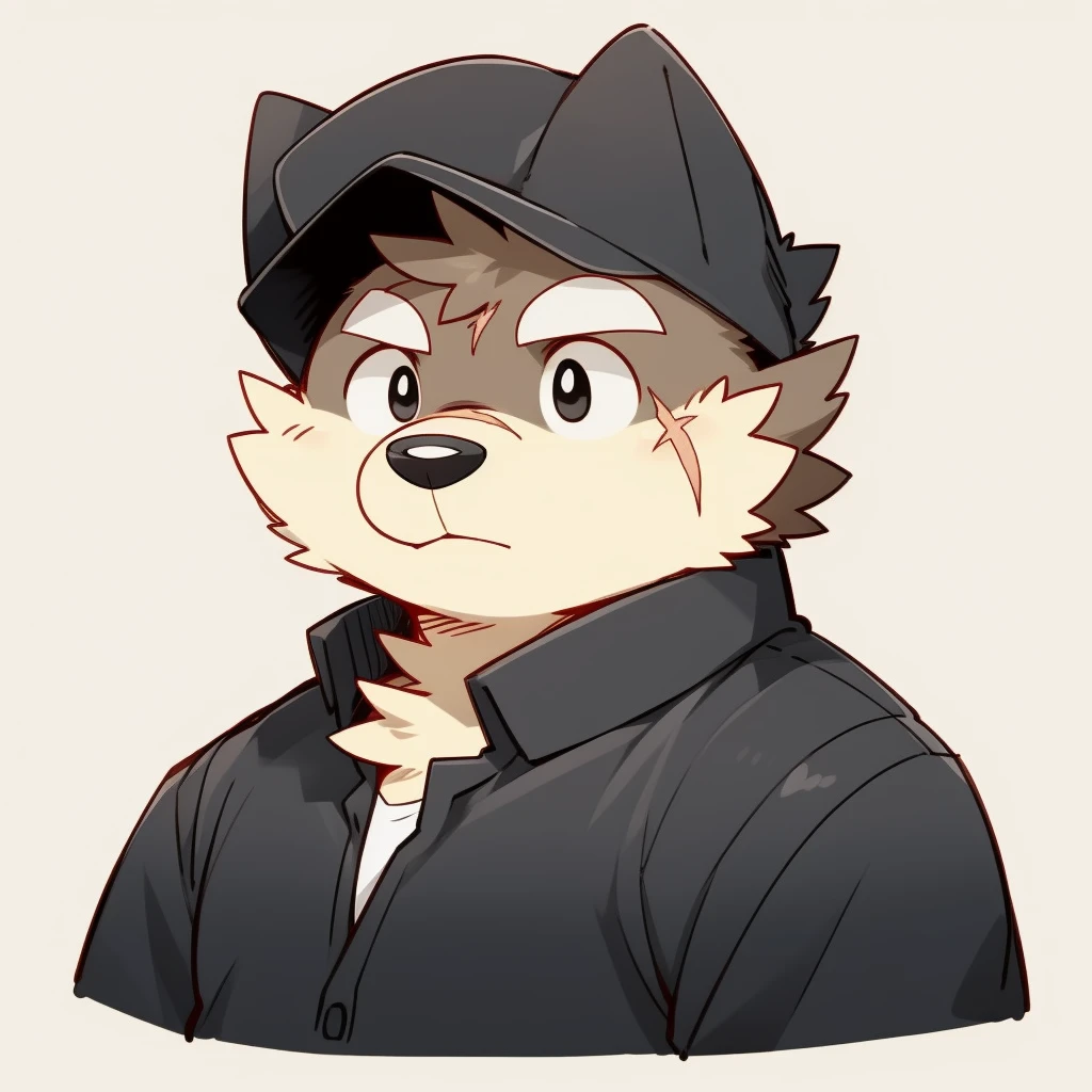 Scribble 黑色柴dog face,Cute face,Humanity(dog),(Black casual wear:1.3),Chubby,(White eyebrows:1.1),(Perfect black eyes),（artist:Takemoto Arashi），Simple background，scar。