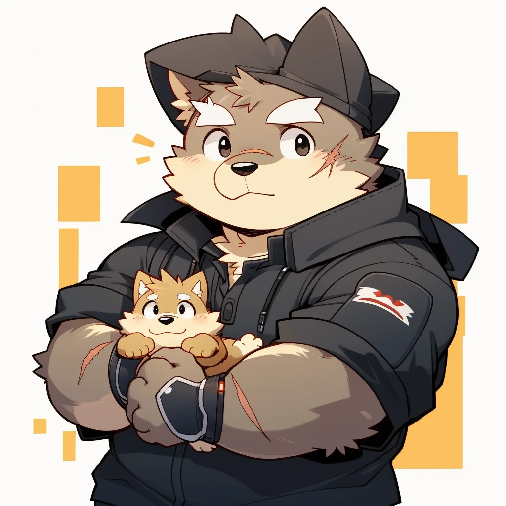 Scribble 黑色柴dog face,Cute face,Humanity(dog),(Black casual wear:1.3),Chubby,(White eyebrows:1.1),(Perfect black eyes),(artist:Takemoto Arashi),Simple background,scar。