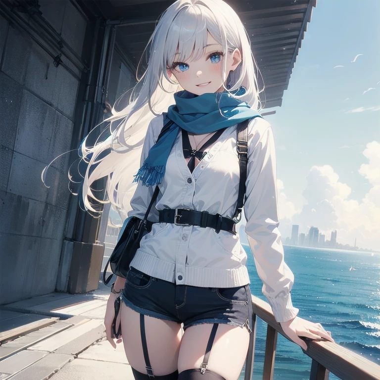 (Masterpiece, Best quality, ultra high resolution), (((1 girl))), Silver hair, Pale skin, Beautiful detailed face, Detailed eyes, posing on a white background, Dynamic lighting, dynamic shadowing, looking at viewer, White street punk fashion with blue details, (Posing for a photo), ((White clothes)), (((black thigh highs))), jean shorts, skirt, white sweater, ((Blue eyes)), happy, smiling, black straps, black strap design, ((Long white hair)), energetic, cheerful, cityscape background, (garter), blue tertiary color, blue highlights, purse, hand bag, ((chest harness fashion)), ((more blue on clothes)), ((Deep blue ocean scarf)), scarf