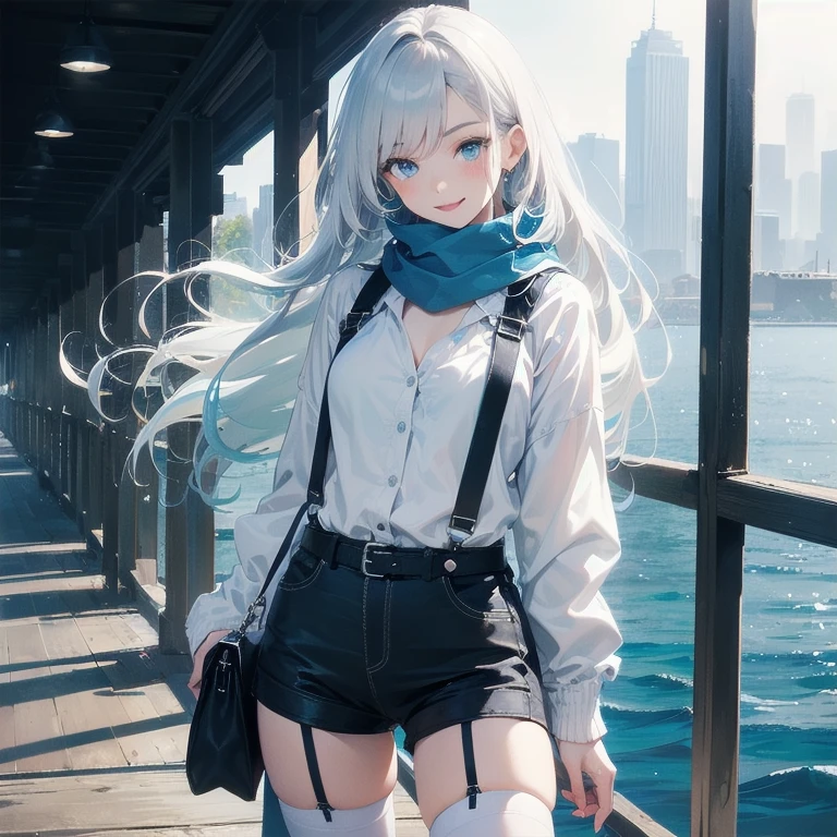 (Masterpiece, Best quality, ultra high resolution), (((1 girl))), Silver hair, Pale skin, Beautiful detailed face, Detailed eyes, posing on a white background, Dynamic lighting, dynamic shadowing, looking at viewer, White street punk fashion with blue details, (Posing for a photo), ((White clothes)), (((black thigh highs))), jean shorts, skirt, white sweater, ((Blue eyes)), happy, smiling, black straps, black strap design, ((Long white hair)), energetic, cheerful, cityscape background, (garter), blue tertiary color, blue highlights, purse, hand bag, ((chest harness fashion)), ((more blue on clothes)), ((Deep blue ocean scarf)), scarf