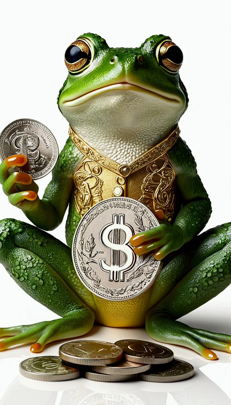 Highly detailed froggy frog holding coin and money