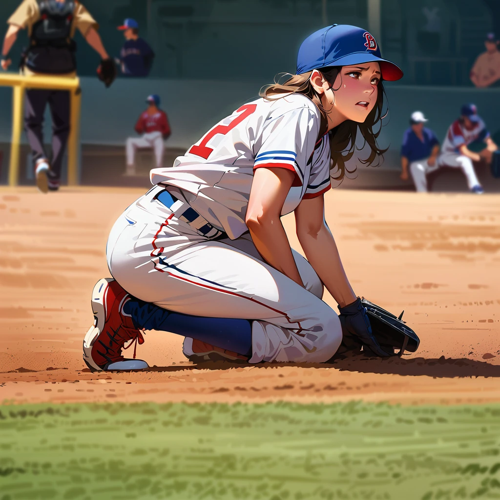 Young beautiful woman,(Highest quality,Extremely detailed depiction,Incredibly absurd high resolution,Anatomically accurate depiction,SFW),(Glowing Skin,Shiny skin),baseball player,Baseball uniform,baseball pants,Baseball hats,Gloves,A pitcher crying on the mound in frustration,Mortified face,Kneeling posture,background:Baseball field during a game,Walk-off loss