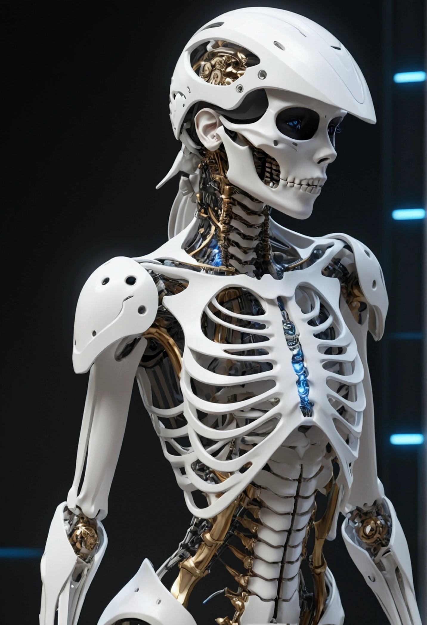 Anime style female figure,Body Skeleton,Wear a helmet, Unreal Engine Rendering + goddess, The Opai of Biomechanics, Highly detailed cybernetic body, White biomechanical details, Female body, 3D Rendering Character Art 8k, Detailed body, Complex mechanical body, Cybernetic and highly detailed,D cup