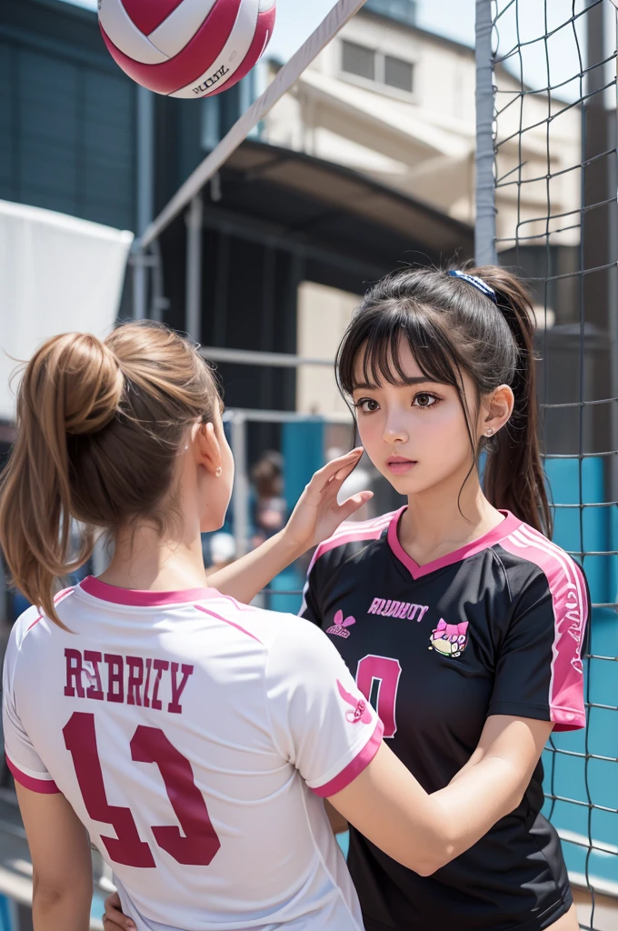 make a volleyball shirt with the back written "pir1kytas🎀" e com estampa rosinha hello kitty