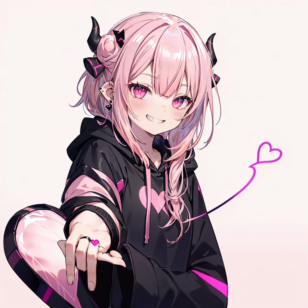 ((((Jagged Open your mouth Grin Pink Background shining heart front)))) (((Black hoodie Wearing a hood Demon Horns Heart Iris Close-up Pink Hair Long Hair Making a heart with both hands))) ((Shiny earrings Small black ribbon)) Shining Edge Shining Background