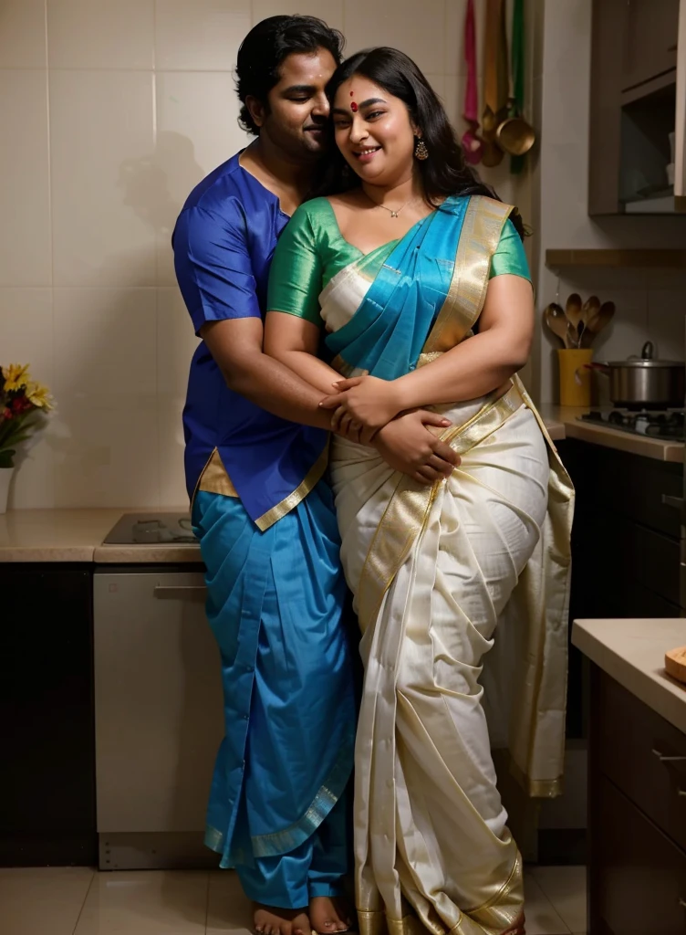 A radiant, full-figured South Indian plus-sized 30 year old teacher wearing a cream silky saree tenderly hugging and kissing a group of jubilant 20-year-old men in kitchen, captured in a full-body image with vibrant hues and meticulous details.