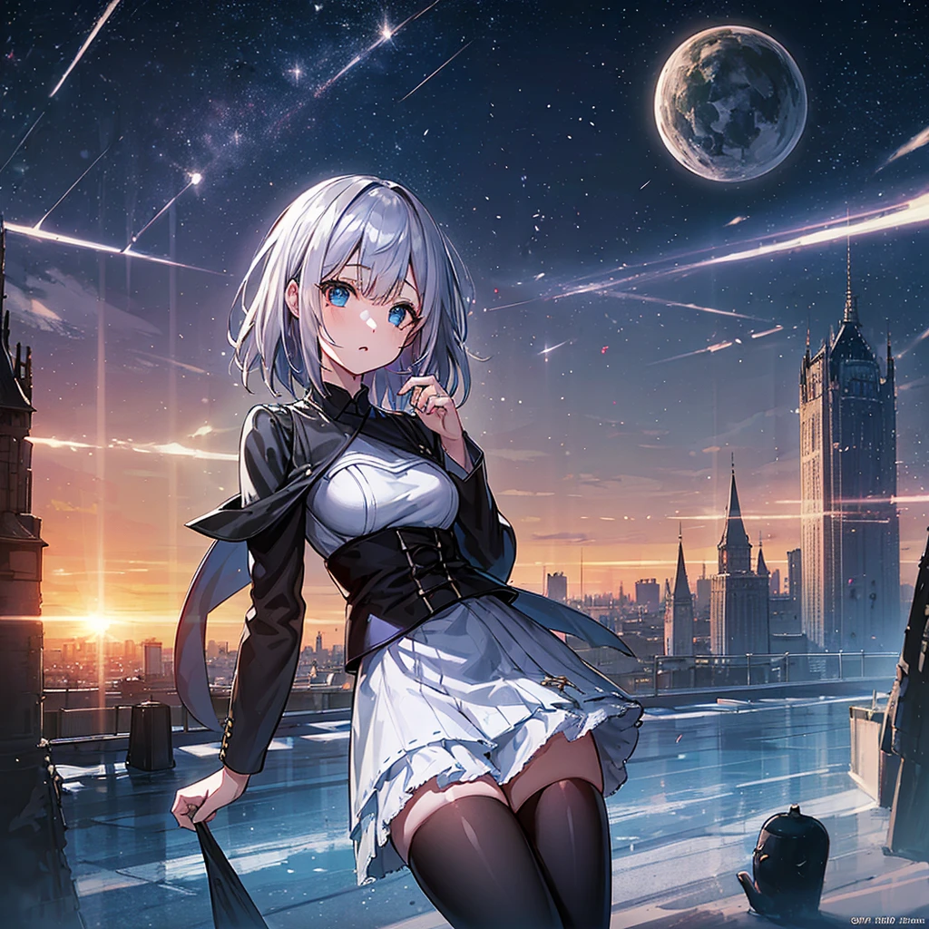 Illustration of one person, Dengeki Bunko, Woman Looking Back, Perfect Human Medicine, Woman keeps falling, {{{{{Maid clothes}}}}},Small Tits,anime, Two legs, Cool,{{{{{50 year old woman}}}}} ,{{{{{a person is depicted}}}}},(Official Art、{{{{{Upper Bodyアングル}}}}},Highest quality、Unity 8k wallpaper、32k、masterpiece、Ultra-detailed、Ultra-high resolution, Realistic、Grab your hair with your hands, Photorealistic:1.2)、(Cinema Lighting:1.2)、,Fire Glow Effect、The most grainy shadows on the film、Rim Light、Side light、Side Shot、(Ultra-detailedで複雑な3Dレンダリング)、Very short hair, Short wolf hair,細部までBeautiful Faceと目、Sharp pupils、Realistic生徒、Slender、Highly detailed background、Beautiful Face、Beautiful 16 year old girl、(Ultra-detailedなスキン、Detailed skin texture:1.Silver Hair:1.3)、Blunt bangs、blue eyes、{{{{{黒いMaid clothes}}}}}、White apron costume、Black knee socks、(Thighs Thighs Thighs Thighs:0.8)、Black Bhutanese sticks and a beautiful sunset、Medieval castle、Dancing on the Tower Roof、(avert your eyes、Overlooking the city:1.3)、Fantastic、Close your mouth and bite, Makes your face smaller, (Tabletop), Highest quality, Perfect Face, 1 Girl, alone, Eye color is light blue, Hair between the eyes, Very Short Hair, blue eyes, Silver Hair, Knee-high boots, corset,Black gloves, Long sleeve, Upper Body, Light and multiple flying birds,