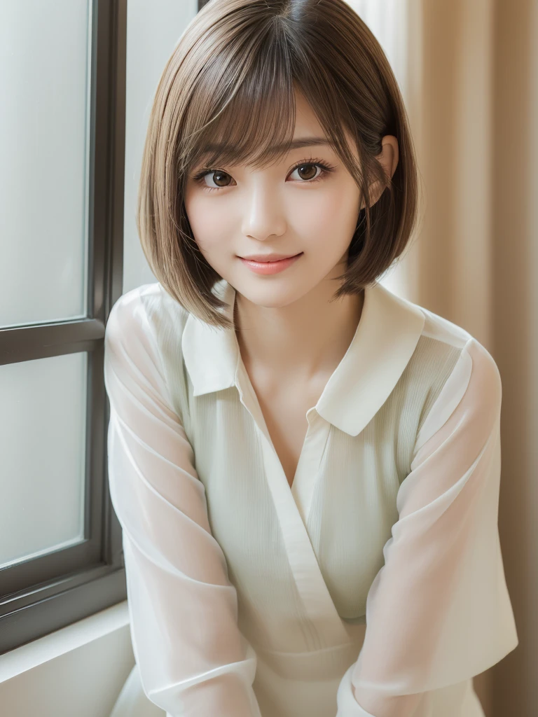 super highest quality, face focus, soft light, ultra high resolution, (realistic:1.4), RAW photo,
1 Japanese girl, alone, cute, (pupil, There'There'There's a light in my eyes), (detailed beautiful face:1.3) ((High resolution details of human skin texture:1.3) Beautiful glossy fair skin Beautiful three-dimensional effect
indoor,
Damask Shirt Dress, (Beautiful straight bob hair down to the tips:1.3) elegant and neat intelligent and stylish
(portrait) High definition focus on pupil diffused light from window beautiful gradation gentle smile (beautiful gradation:1.3) gentle smile