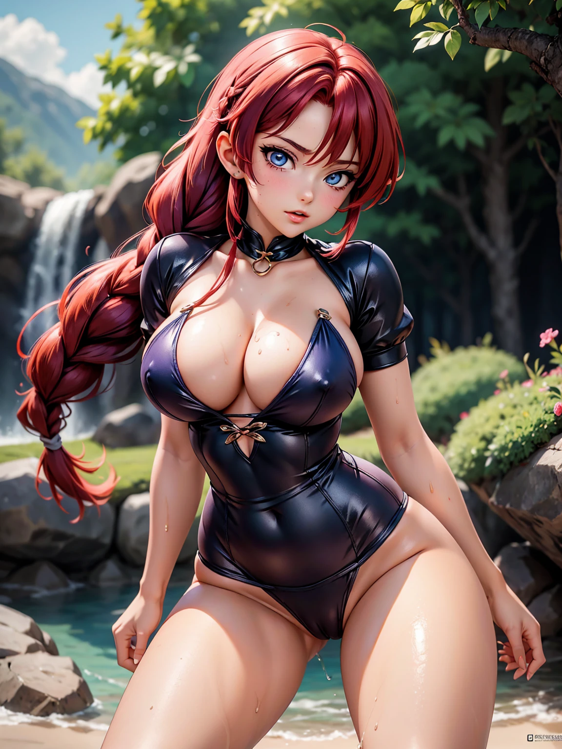 Sexy anime girl with red hair with braid, vagina sexy, wet breasts dripping, 15year old, Body cute, breasts big, with hands on breasts, legs open showing squirting vagina, sexy girl, red red hair, locks of hair on the side of the face, beautiful lighting, softshadows, blue colored eyes, pretty legs, shorth hair, anime styling, ranma chan, Autora Rumiko Takahashi, Based on a work by Rumiko Takahashi, Anime Ranma 1/ 2, girl sexy, robust hip, fully body, Bust Big, young girl with beautiful and beautiful body, garota 15year old jovem baixa estatura, anime girl, anime styling, plein-air, sexyposture, eyes large, dripping vagina, vagina being penetrated, bright red hair