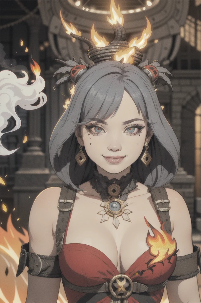 (วอลล์เปเปอร์ CG unity 8k ที่very detailed),(Masterpiece), (best quality), (very detailed), (best illustrations),(best shadow), (sharp eyeliner, eyelid, Detailed eyes:1.1), (flame, smoke:1.3), ,Take a break, (Vector:1.2), evil smile,  