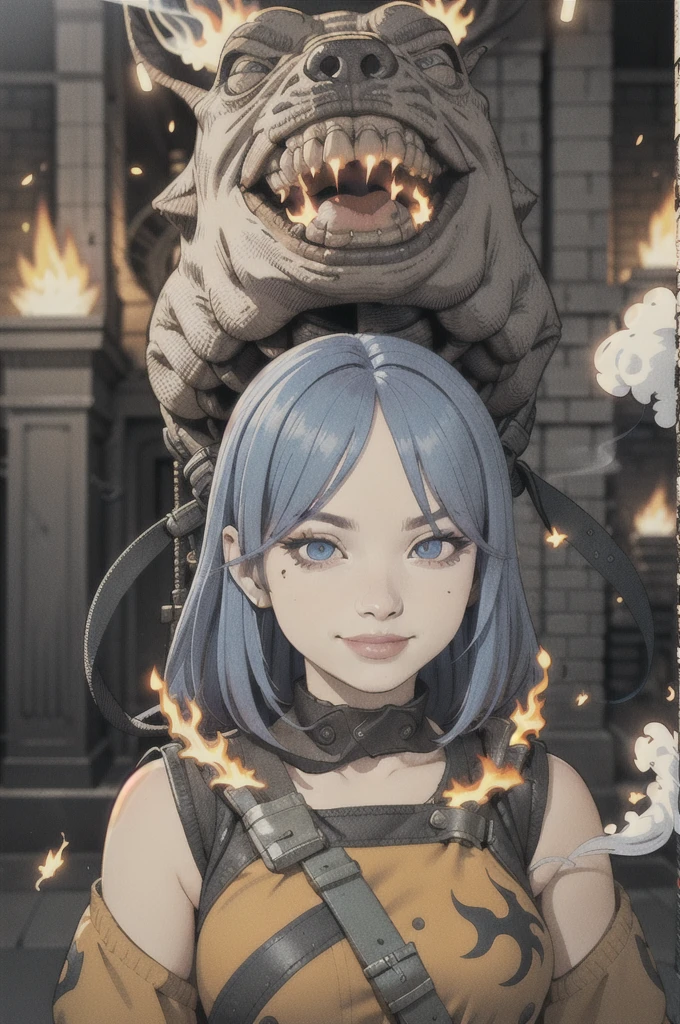 (วอลล์เปเปอร์ CG unity 8k ที่very detailed),(Masterpiece), (best quality), (very detailed), (best illustrations),(best shadow), (sharp eyeliner, eyelid, Detailed eyes:1.1), (flame, smoke:1.3), ,Take a break, (Vector:1.2), evil smile,