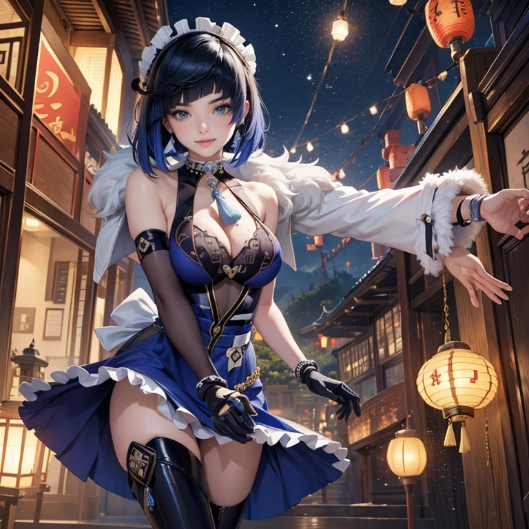 Yelan_(genshin impact), 1girl, ornament hair, perfectly body, perfectly hands, wave hair, navy hair, short hair, maid, maid dress, maid headdress, maid apron, garden, temple, shrine, outside, Chinese festival scenery, gold lantern, Chinese lantern, fireworks, black dress, more details on her clothes, black dress, golden details, night, smiling, cute face, Best quality, cleavage, skirt, full Body, solo, alone