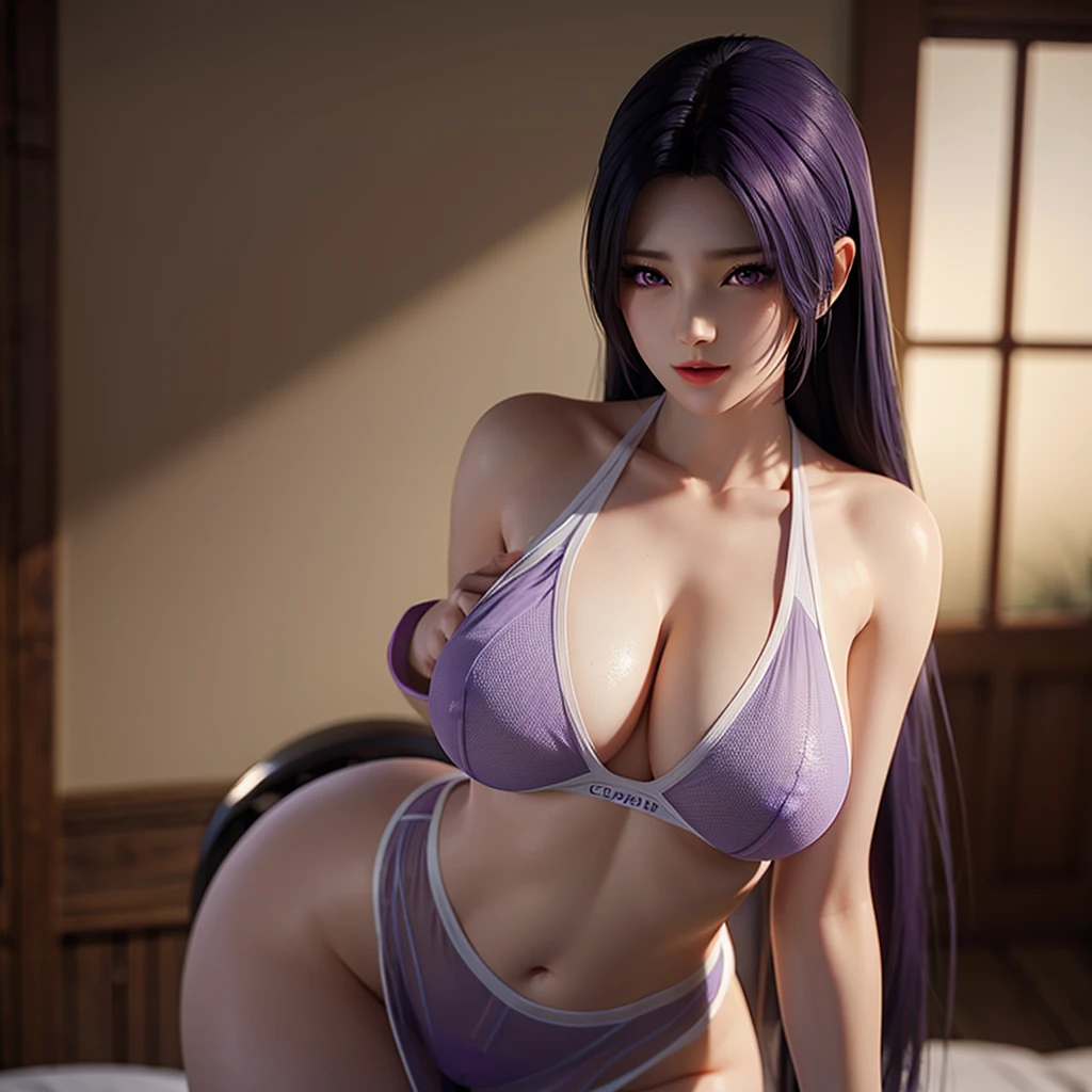 Korean sexy beauty，Huge breasts:1.9，Cleavage can be seen，White hair，Medium long hair，8K，No underwear，Purple Sexy See-Through Bikini，Casual sexy poses，Breasts showing through underwear，Nipples can be seen，Extremely detailed chest，Full breast contour，Front lighting，Extremely detailed face，Pure skin，Exposing the lower breast:1.5，Standing by the sea，Real portrait，Purple Eyes