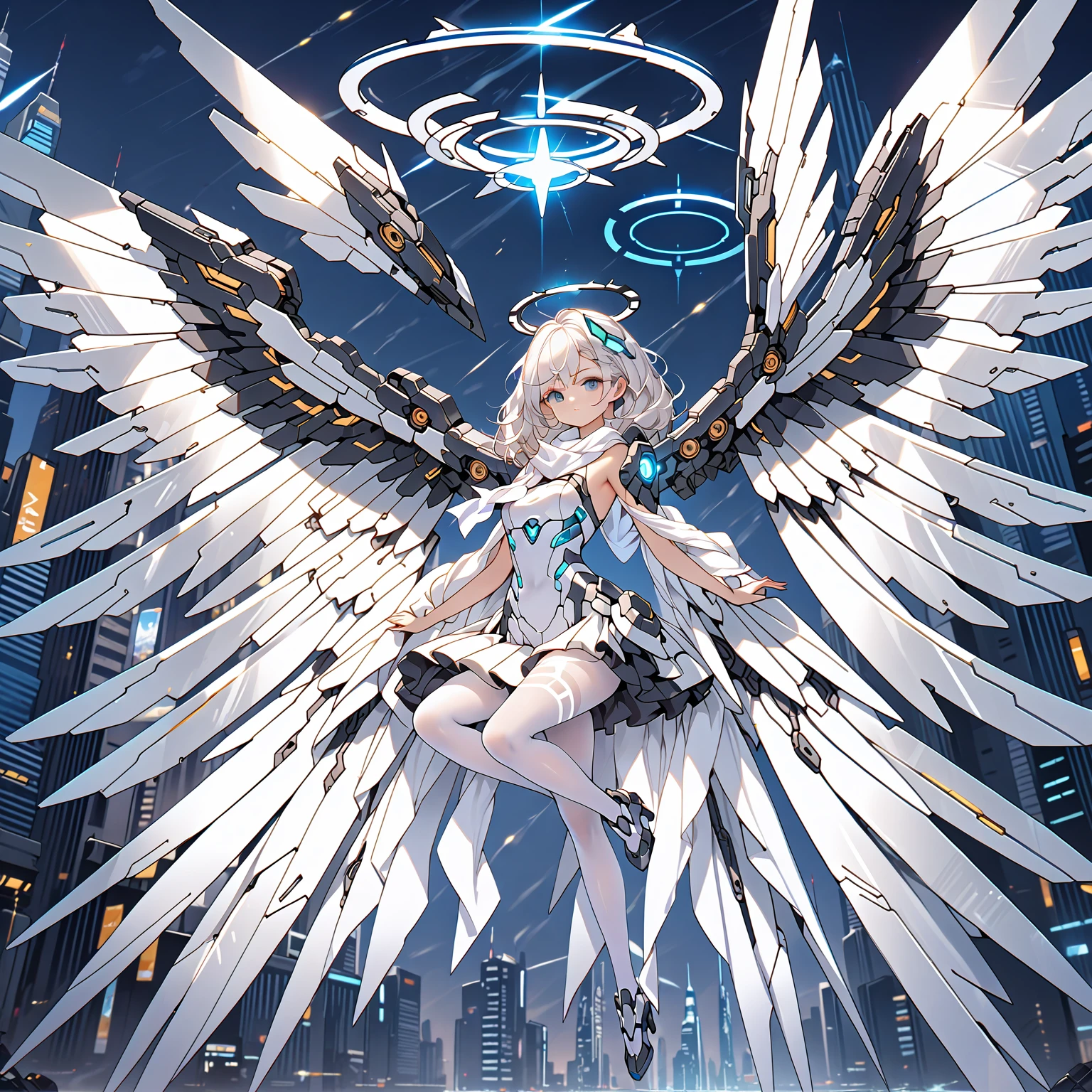 masterpiece, highest quality, highest resolution, clear_image, detailed details, white hair, 1 girl, futuristic wings, futuristic halo, white sci fi mecha dress, white scarf with blow glow, white pantyhose, full body, no water marks, city, no extra limps, no extra body