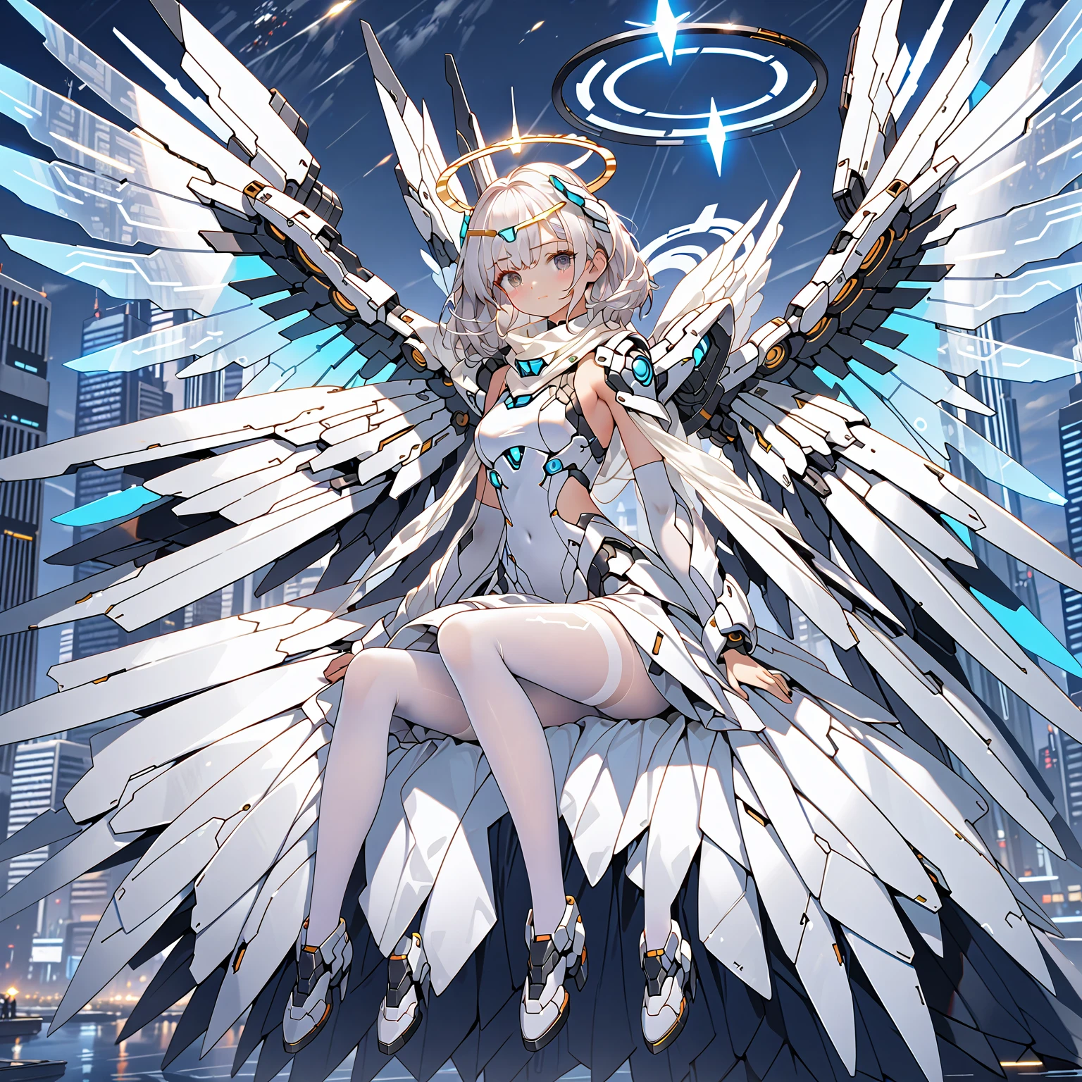 masterpiece, highest quality, highest resolution, clear_image, detailed details, white hair, 1 girl, futuristic wings, futuristic halo, white sci fi mecha dress, white scarf with blow glow, white pantyhose, full body, no water marks, city, no extra limps, no extra body