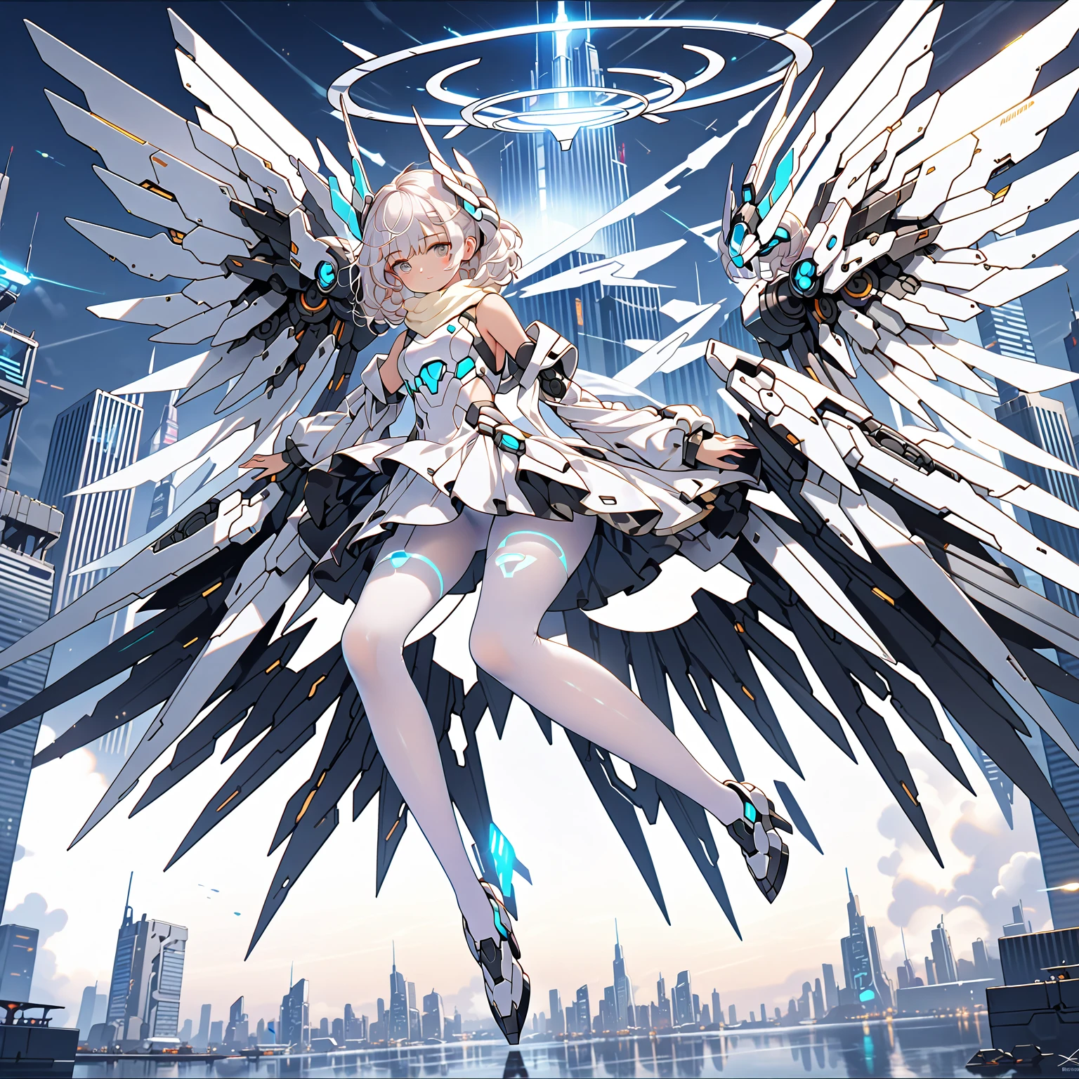 masterpiece, highest quality, highest resolution, clear_image, detailed details, white hair, 1 girl, futuristic wings, futuristic halo, white sci fi mecha dress, white scarf with blow glow, white pantyhose, full body, no water marks, city, no extra limps, no extra body