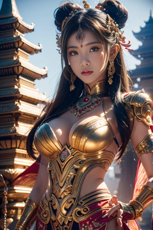 An Indonesian-styled futuristic suit worn by a girl depicting cultural fusion and modern fashion. The suit is adorned with intricate patterns and vibrant colors, showcasing the rich heritage of Indonesia. The girl stands confidently in a dynamic pose, with her detailed eyes reflecting determination and curiosity. The suit's material is a combination of traditional textiles and futuristic synthetic fabrics, giving it a unique and avant-garde appearance. The overall image quality is of the highest standard, with sharp focus and ultra-detailed rendering. The artwork employs physically-based rendering techniques, resulting in realistic lighting and shadows. The colors are vivid and vibrant, capturing the essence of Indonesian cultural aesthetics. The background features a fusion of modern architecture and traditional elements, creating a harmonious blend of the past and the future. The prompt explores the intersection of Indonesian culture, futuristic design, and the artistic representation of a confident girl