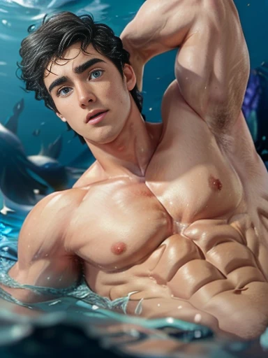 (8K, RAW photo, Highest quality), (full-body shot:1.3), (blue eyes:1.6), (18 years old:1.5), white pale skin, (prince eric from the little mermaid:1.6),(prince_eric:1.5)(short hair:1.6), (dark brown hair:1.5), (wavy hair:1.3), (ocean:1.5), (costline:1.5), Realistic, (((1 perfect :1.3))), 1 amazing , (((1 nice :1.2))), 1 beautiful , 1 great , 1 male , male scrotum, perfect scrotum, male structure, male genitalia,, handsome man,frontage, Intricate details, Extremely detailed eyes and eyelashes, Muscular male, Manly, masculine, Soft lighting, Cinematic lighting, Portrait, Exposing the pectoral muscles, male model, muscular, ripped, defined body, Digital SLR, hyper qualit, Fujifilm XT3, Crystal clear, 8K UHD, High detail, Ultra photo realsisim, haar, ((Realistic skin), ((pores)), ((high detail skin)), volumettic light, groin, far, complex 3D visualization, high detail, 1 handsome young man (nsfw) looking at the viewer (Pureerosface_V 1:0.6), pure, genuine human skin , (bare chest), muscles, vivid details, hyperrealistic, beautiful background, octane rendering, best quality, masterpiece, extremely detailed, computer graphics, unity, wallpapers (realistic, photorealistic: 1.37), (((anatomically correct:1.4))), stunning, fine details, masterpiece, best quality, official art, extremely detailed CG unity 8k wallpaperull Body))), ((Correct body structure)), (((Correct dissection))), (((Depth of field:1.5))), detailed, smooth muscles, cock, thick genital
