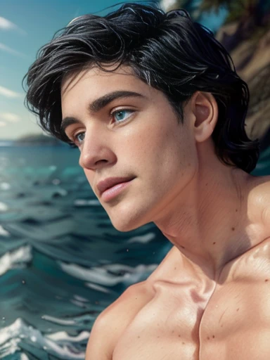 (8K, RAW photo, Highest quality), (full-body shot:1.3), (blue eyes:1.6), (18 years old:1.5), white pale skin, (prince eric from the little mermaid:1.6),(prince_eric:1.5)(short hair:1.6), (dark brown hair:1.5), (wavy hair:1.3), (ocean:1.5), (costline:1.5), Realistic, (((1 perfect :1.3))), 1 amazing , (((1 nice :1.2))), 1 beautiful , 1 great , 1 male , male scrotum, perfect scrotum, male structure, male genitalia,, handsome man,frontage, Intricate details, Extremely detailed eyes and eyelashes, Muscular male, Manly, masculine, Soft lighting, Cinematic lighting, Portrait, Exposing the pectoral muscles, male model, muscular, ripped, defined body, Digital SLR, hyper qualit, Fujifilm XT3, Crystal clear, 8K UHD, High detail, Ultra photo realsisim, haar, ((Realistic skin), ((pores)), ((high detail skin)), volumettic light, groin, far, complex 3D visualization, high detail, 1 handsome young man (nsfw) looking at the viewer (Pureerosface_V 1:0.6), pure, genuine human skin , (bare chest), muscles, vivid details, hyperrealistic, beautiful background, octane rendering, best quality, masterpiece, extremely detailed, computer graphics, unity, wallpapers (realistic, photorealistic: 1.37), (((anatomically correct:1.4))), stunning, fine details, masterpiece, best quality, official art, extremely detailed CG unity 8k wallpaperull Body))), ((Correct body structure)), (((Correct dissection))), (((Depth of field:1.5))), detailed, smooth muscles, cock, thick genital