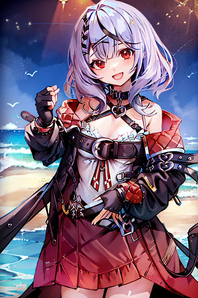 chloe_thief、1 person、solo、gloves、tooth、Food、Look at the viewer、smile、Foodを上げ、Off the shoulder、肌のtooth、blush、Hands on hips、Open your mouth、:d、Open clothes、Cowboy Shot、動物のFood、shirt、Pleated skirt、Open jacket、Long sleeve、core 9、Score 8_up、Score 7_up、Score 6_up、Score 5_up、Score 4_up、Outdoor、PEAnimeBG、Ocean、Beach、port、landscape、background、anime、null、night、star、masterpiece、High resolution、Octance 4k、High definition