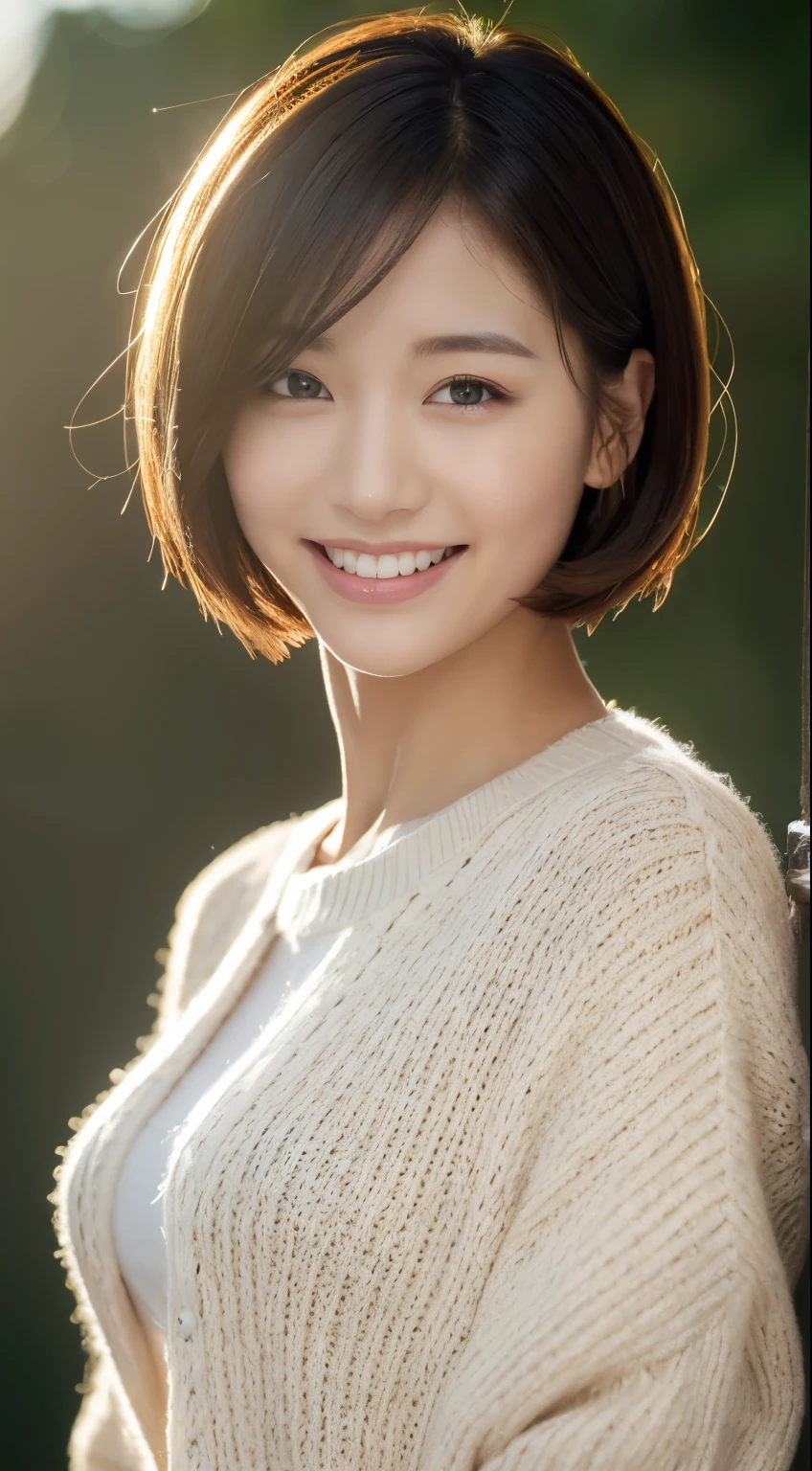 masterpiece, highest quality, official art, Highly detailed CG Unity 8k wallpaper, single girl, ultra high resolution, (realistic: 1.4), golden hour lighting, sweater dress, (Upper body), (K-POPアイドル), (attractive: 1), (platinum short hair: 0.8), ((puffy eyes)), looking at the viewer, facing forward, smile, laughter,Medium chest, shirt lift, gloves,short hair,
