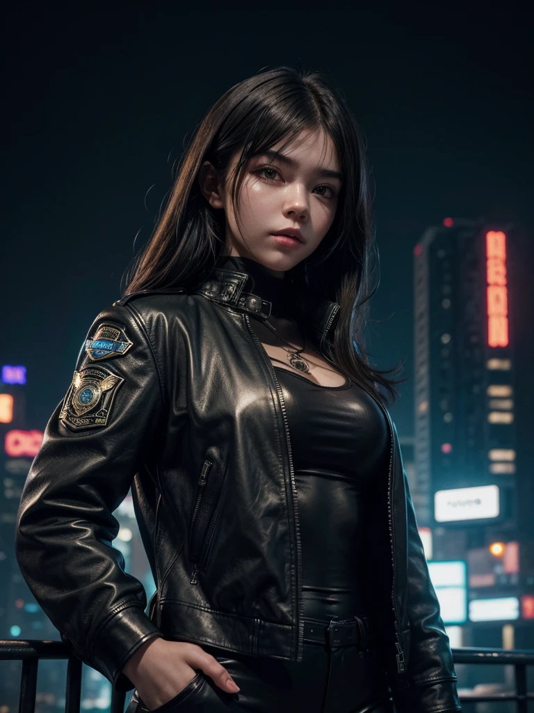 Portrait of emb-haiz, beautiful face, in cyberpunk city at night. She wears an open leather jacket, lingerie, black pants, dramatic lighting, (police badge:1.2).