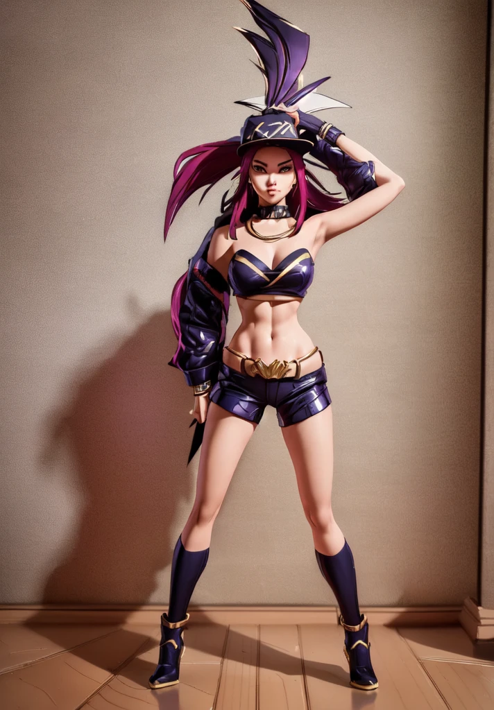 ((Full body photo, standing, on the floor))  kda_Akali, portrait, upper body, smirk, (acclaimed, alluring, captivating, exciting, gorgeous, striking:1.3), seductive, (trending on CGSociety, trending on pixiv, contest winner:1.3)