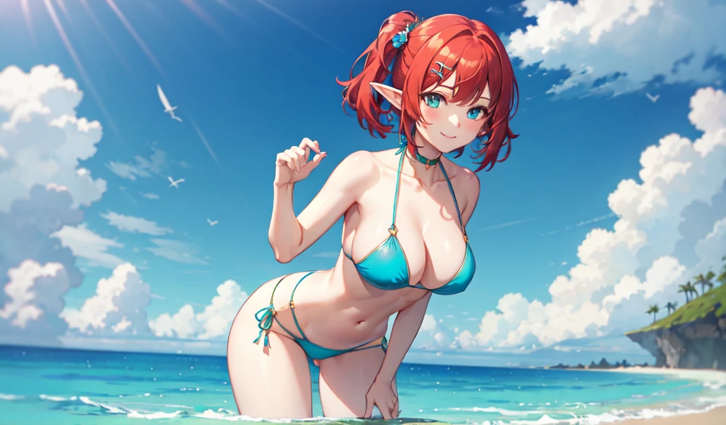 Create a high-quality anime image of a beautiful female elf character standing confidently. She has red hair and a hair ornament. She is wearing a stylish, revealing bikini with great detail. The character is standing with her feet shoulder-width apart, holding a colorful float ring vertically in both hands. The float ring is placed on the ground, perfectly positioned so that her bikini area is visible through the ring. She is looking at you with a charming smile. The setting is a crystal clear turquoise sea. The overall atmosphere is seductive and sensual.