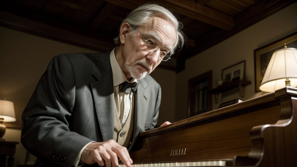 An old man in a suit playing an antique grand piano in comfortable yellowish lighting Side perspective